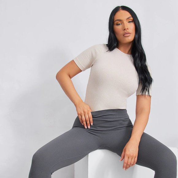 Pretty Little Thing (PLT) Stone Ribbed Bodysuit - US 12 - Picture 2 of 4